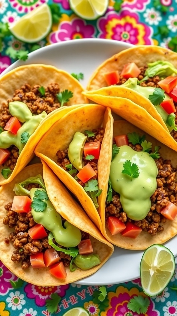 Crispy vegan tacos filled with lentils, lettuce, tomatoes, and avocado sauce on a colorful plate.